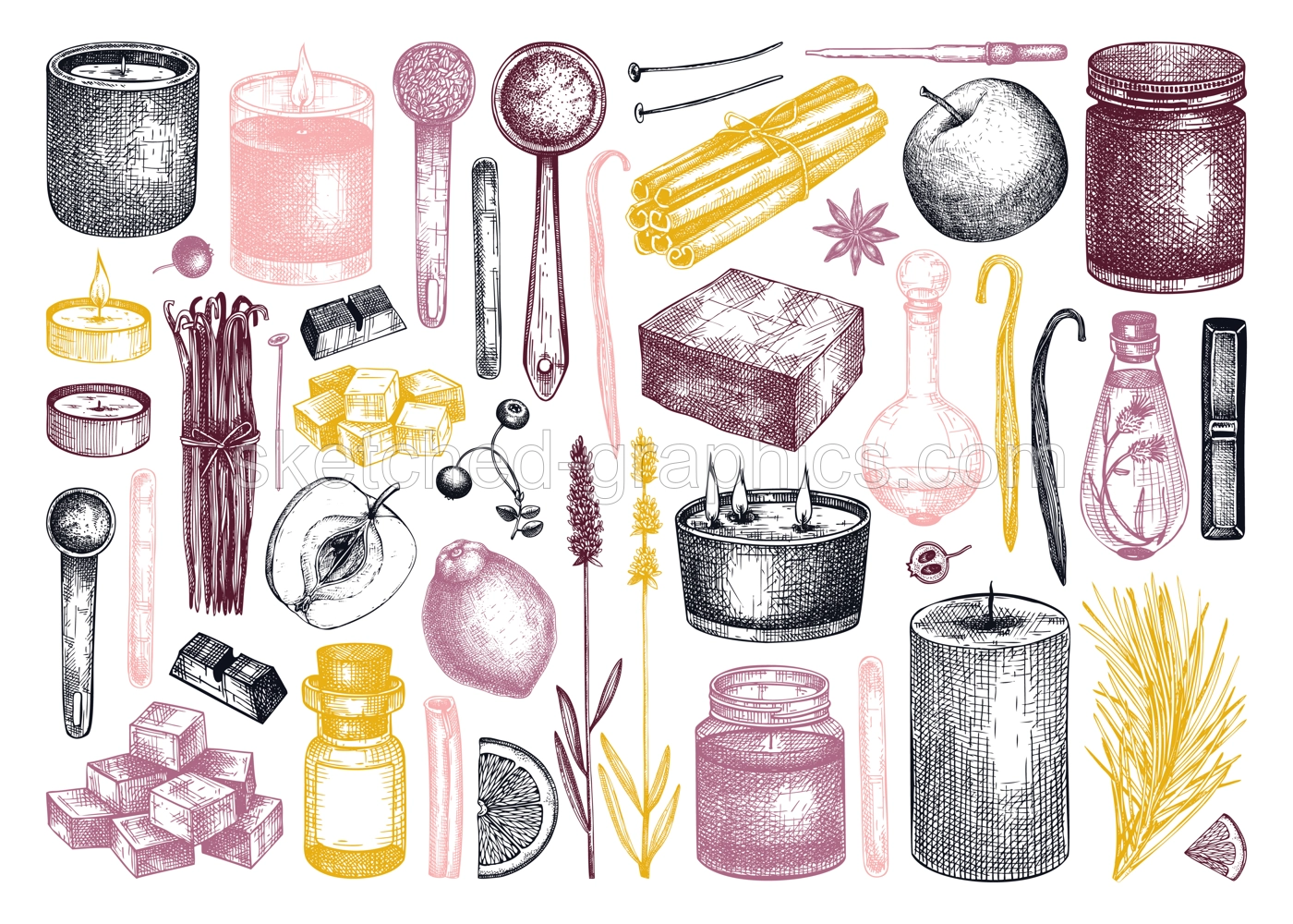 Hand-sketched aromatic candles ingredients collection. Vector illustrations of candles, wax, fragrance, color, herbs, and skewers. Natural materials for aromatherapy, hobby, handcrafts, candle making. Illustration